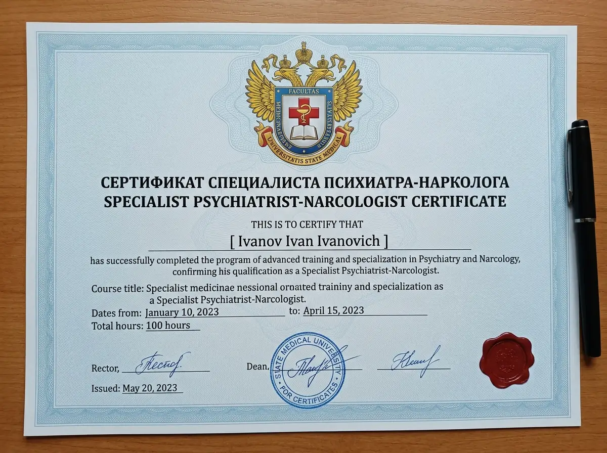 Сертификат специалиста психиатра-нарколога, документ об образовании с гербом медицинского вуза, официальный бланк синего цвета